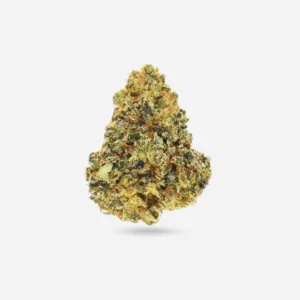 Close-up of Fruity Pebbles OG hybrid cannabis buds (3.5g) with purple and orange hues